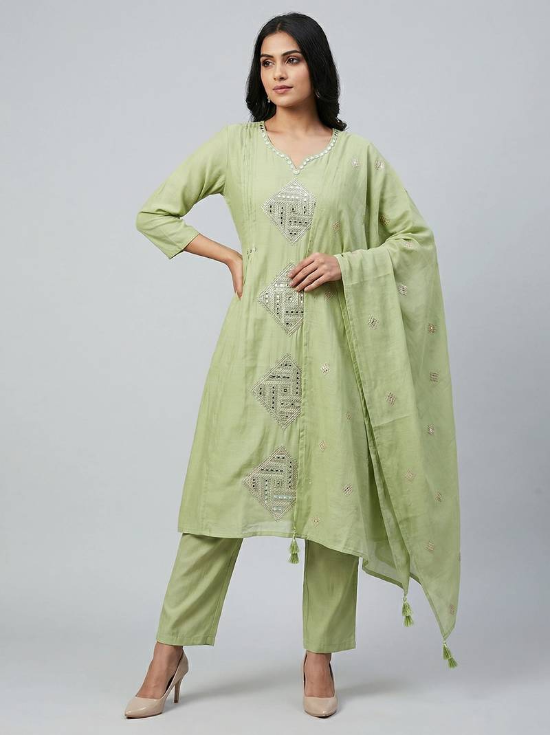 Women light green cotton printed kurta pant dupatta set with hand work and embroidered lace