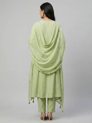 Women light green cotton printed kurta pant dupatta set with hand work and embroidered lace 2
