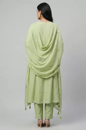 Women light green cotton printed kurta pant dupatta set with hand work and embroidered lace