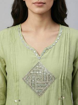 Women light green cotton printed kurta pant dupatta set with hand work and embroidered lace 3