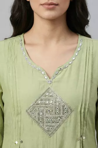 Women light green cotton printed kurta pant dupatta set with hand work and embroidered lace