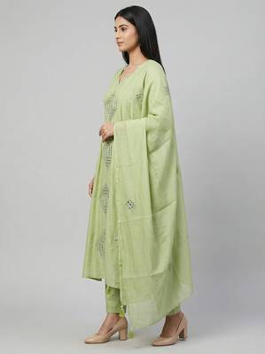 Women light green cotton printed kurta pant dupatta set with hand work and embroidered lace 4