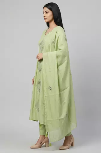 Women light green cotton printed kurta pant dupatta set with hand work and embroidered lace