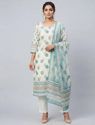 Women white cotton printed kurta pant dupatta set with hand work 1