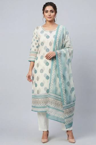 Women white cotton printed kurta pant dupatta set with hand work