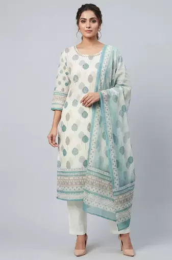 Women white cotton printed kurta pant dupatta set with hand work