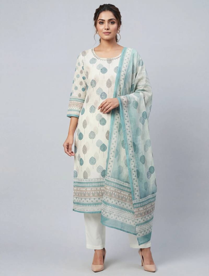 Women white cotton printed kurta pant dupatta set with hand work