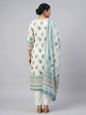 Women white cotton printed kurta pant dupatta set with hand work 2