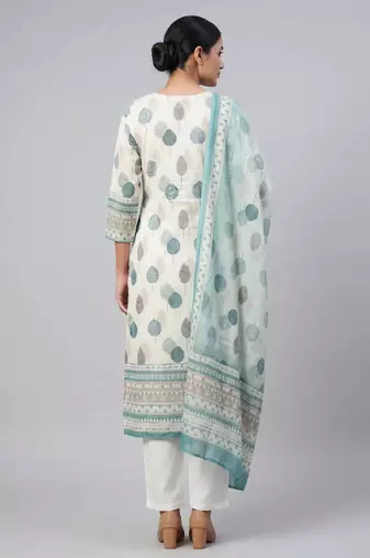 Women white cotton printed kurta pant dupatta set with hand work