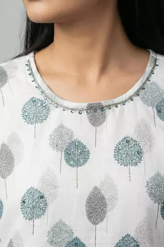 Women white cotton printed kurta pant dupatta set with hand work