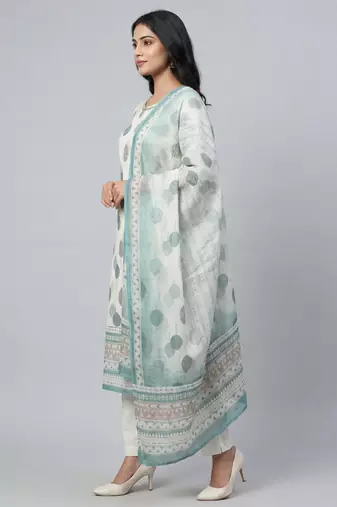 Women white cotton printed kurta pant dupatta set with hand work