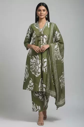 Women green cotton printed kurta pant dupatta set