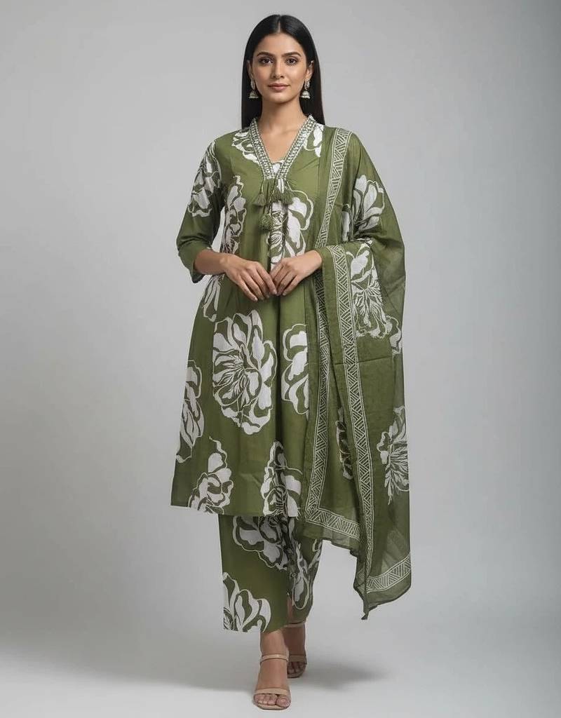 Women green cotton printed kurta pant dupatta set