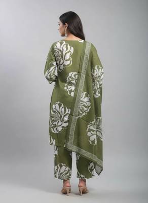 Women green cotton printed kurta pant dupatta set 2