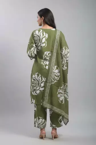 Women green cotton printed kurta pant dupatta set