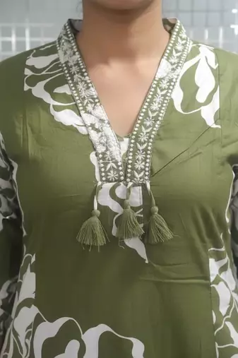 Women green cotton printed kurta pant dupatta set