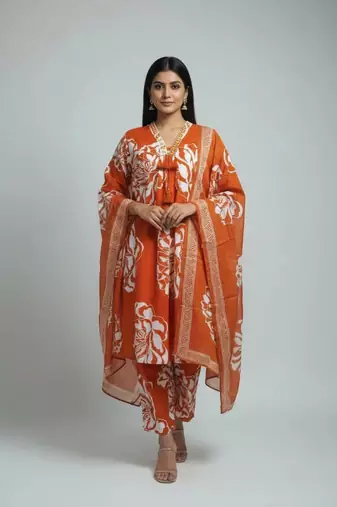 Women orange cotton printed kurta pant dupatta set