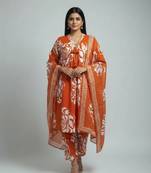 Women orange cotton printed kurta pant dupatta set