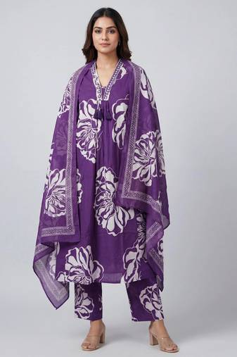 Women purple cotton printed kurta pant dupatta set