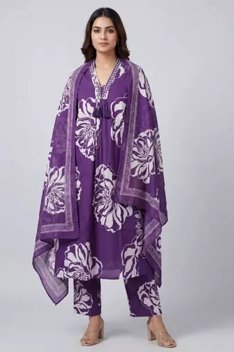 Women purple cotton printed kurta pant dupatta set