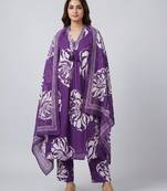 Women purple cotton printed kurta pant dupatta set