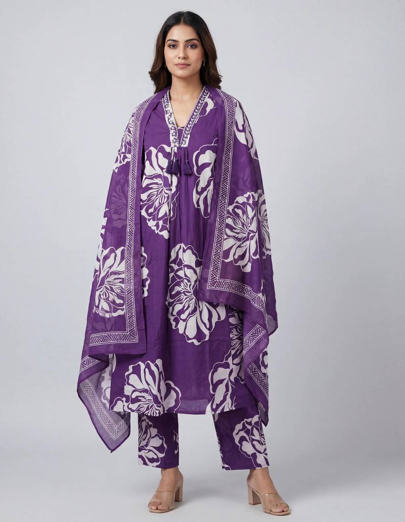 Women purple cotton printed kurta pant dupatta set