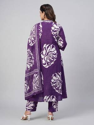 Women purple cotton printed kurta pant dupatta set 2