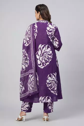 Women purple cotton printed kurta pant dupatta set