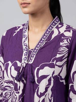 Women purple cotton printed kurta pant dupatta set 3