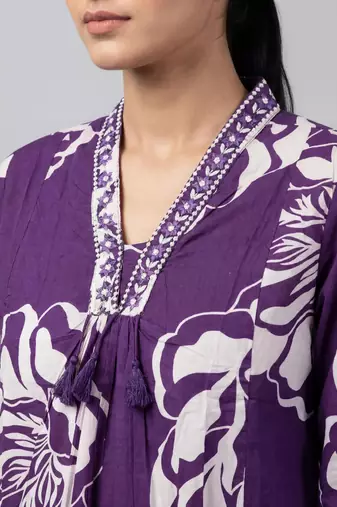Women purple cotton printed kurta pant dupatta set