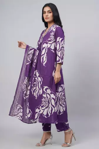 Women purple cotton printed kurta pant dupatta set