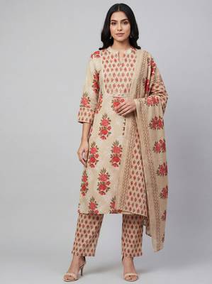 Women beige cotton printed kurta pant dupatta set 1