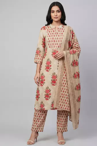 Women beige cotton printed kurta pant dupatta set