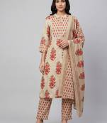 Women beige cotton printed kurta pant dupatta set