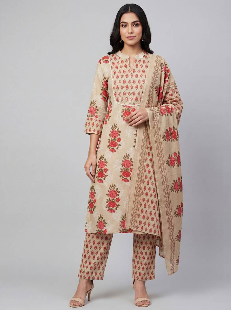 Women beige cotton printed kurta pant dupatta set