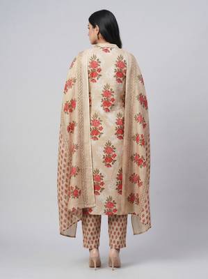 Women beige cotton printed kurta pant dupatta set 2