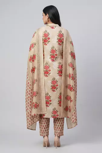 Women beige cotton printed kurta pant dupatta set