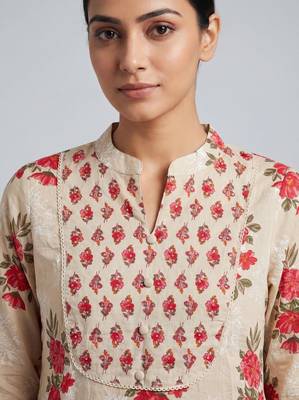 Women beige cotton printed kurta pant dupatta set 3