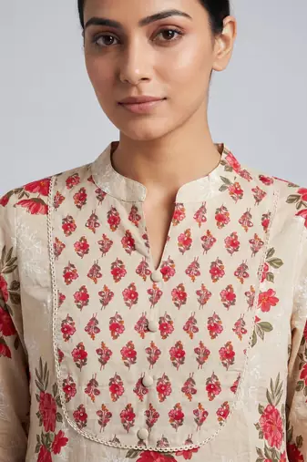 Women beige cotton printed kurta pant dupatta set