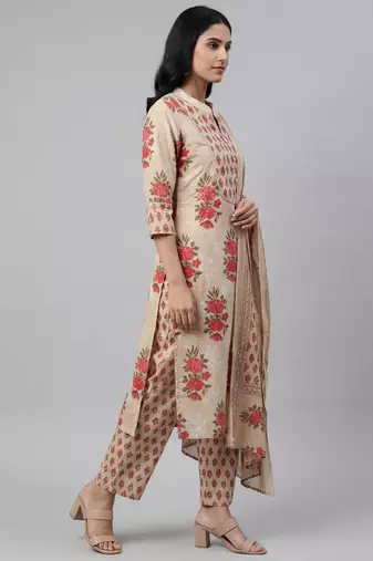 Women beige cotton printed kurta pant dupatta set