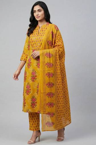 Women mustard cotton printed kurta pant dupatta set