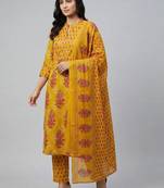 Women mustard cotton printed kurta pant dupatta set