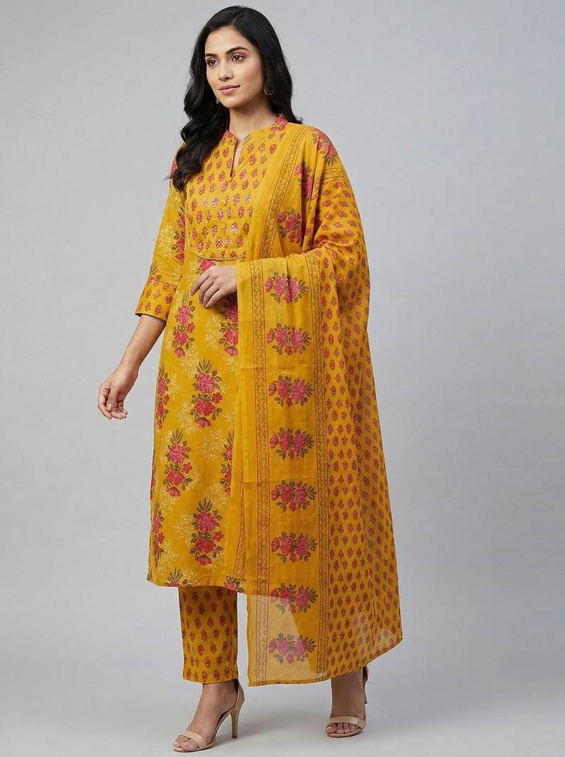 Women mustard cotton printed kurta pant dupatta set