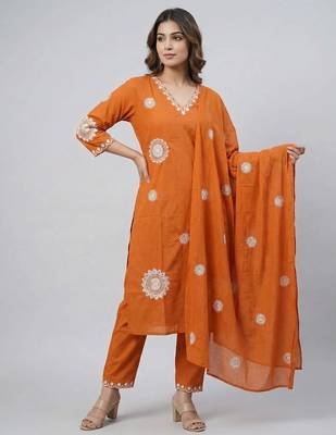 Women orange cotton printed kurta pant dupatta set with hand work and embroidered 1