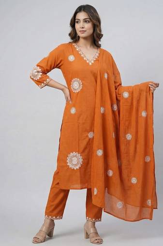 Women orange cotton printed kurta pant dupatta set with hand work and embroidered