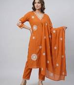 Women orange cotton printed kurta pant dupatta set with hand work and embroidered