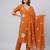 Women orange cotton printed kurta pant dupatta set with hand work and embroidered