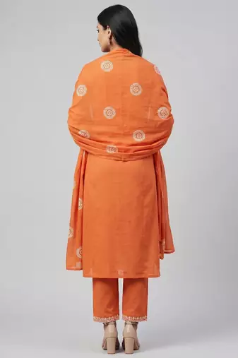 Women orange cotton printed kurta pant dupatta set with hand work and embroidered