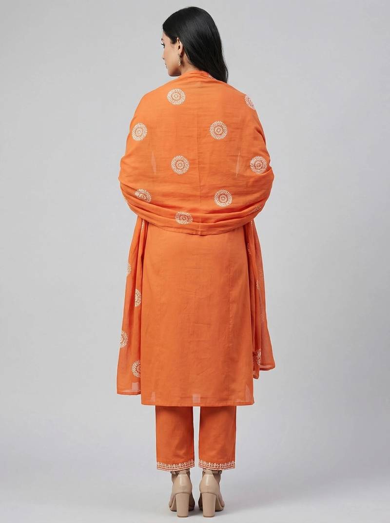 Women orange cotton printed kurta pant dupatta set with hand work and embroidered