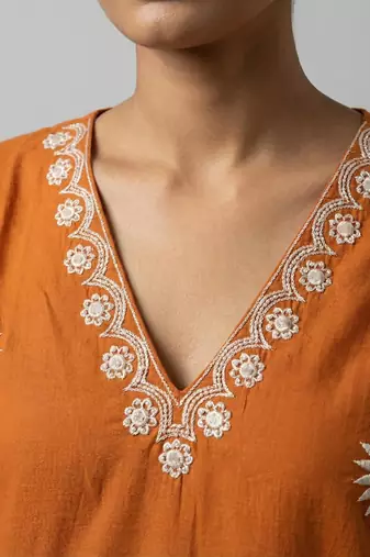 Women orange cotton printed kurta pant dupatta set with hand work and embroidered